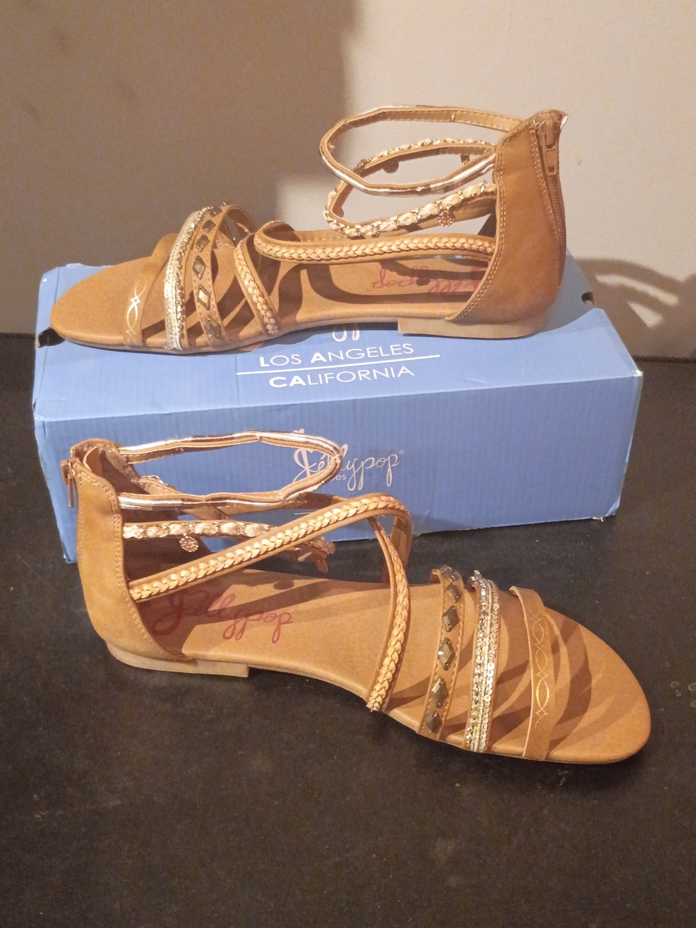 Jellypop Tan Strappy Gladiator Sandals with Gold Accents